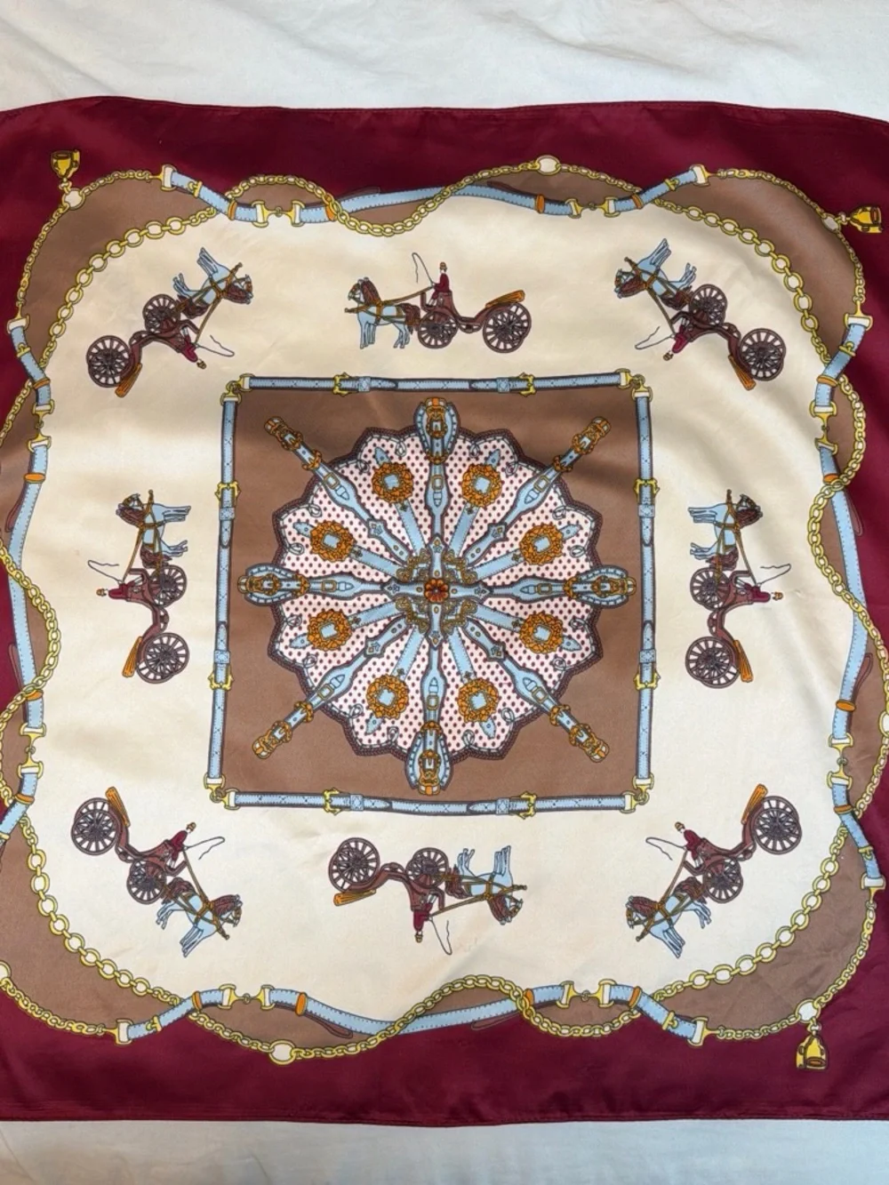 Silk-Feel Equestrian Print Square Scarf - Burgundy and Cream